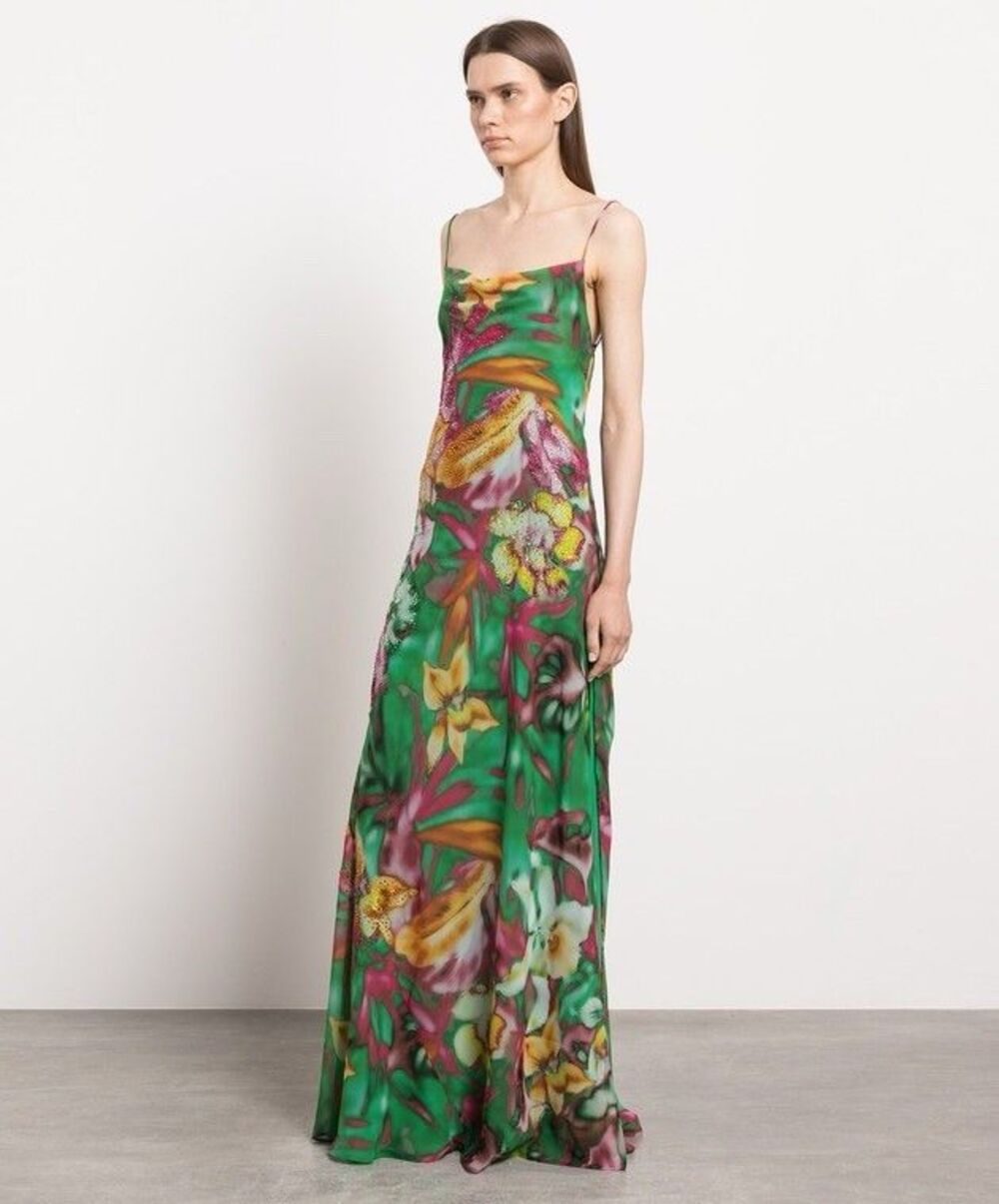 THE ANDAMANE Isabelle Green Dress in Floral Print With Crystals Sz 42 - Picture 6 of 16